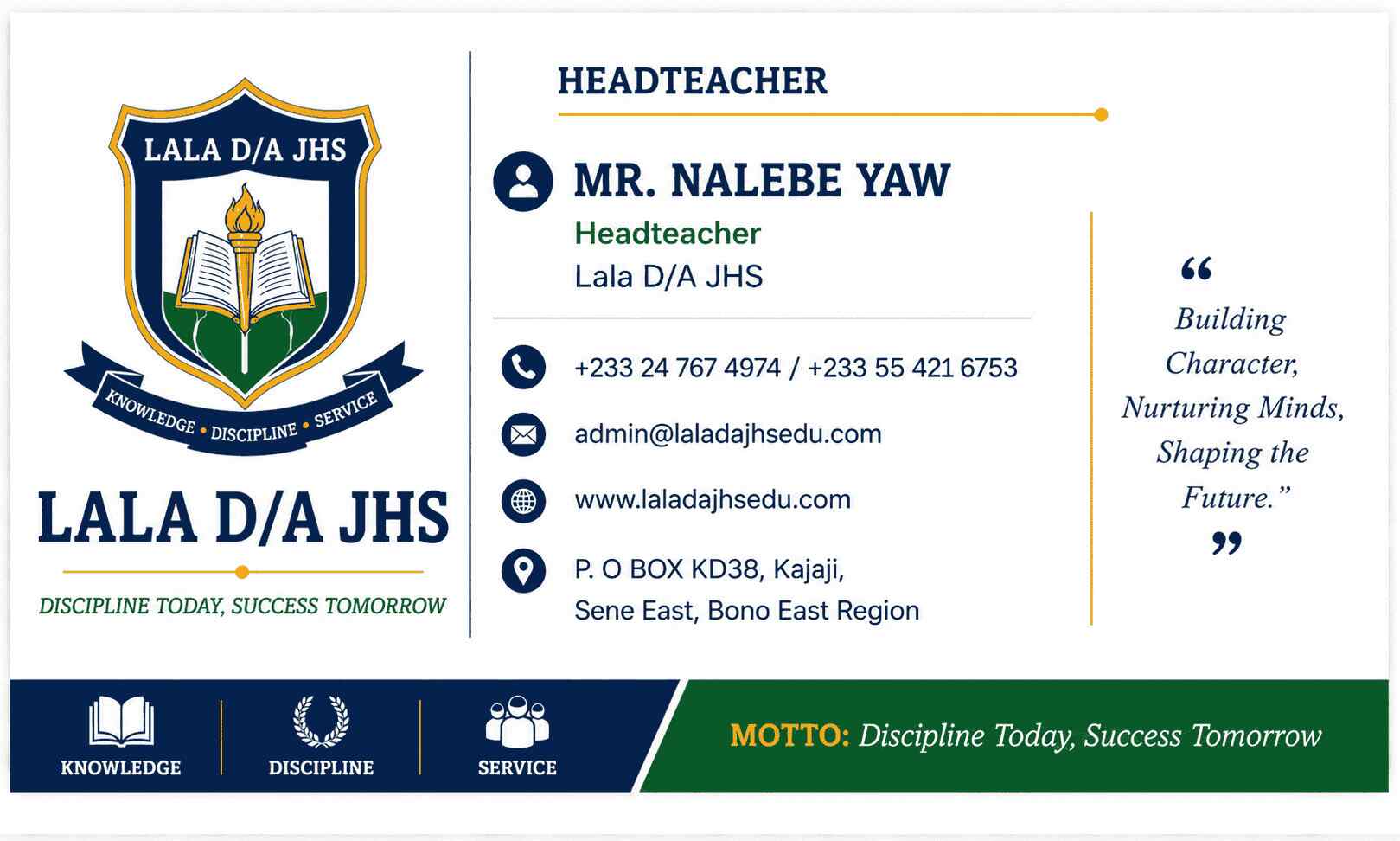 Business card showing contact information for Mr. Nalebe Yaw